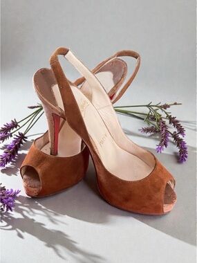 Christian Louboutin Brown Suede Peep-Toe Slingback Heels with Red Sole
